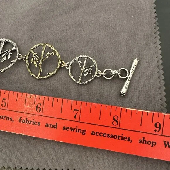Lucky Brand Peace Symbol Bracelet Toggle Clasp 8" Mixed Metal Twigs & Leaves - Picture 10 of 10